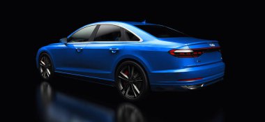 Tula, Rusya. 25 Şubat 2021: Audi A8 Quattro 2020 lüks araba siyah arka planda izole edildi. 3d oluşturma