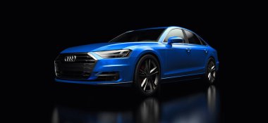 Tula, Rusya. 25 Şubat 2021: Audi A8 Quattro 2020 lüks araba siyah arka planda izole edildi. 3d oluşturma