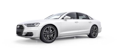 Tula, Rusya. 24 Şubat 2021: Audi A8 Quattro 2020 lüks araba beyaz arka planda izole edildi. 3d oluşturma