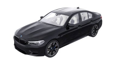 Tula, Rusya. 26 Şubat 2021: BMW M5 siyah lüks spor araba beyaz arka planda izole edildi. 3d oluşturma