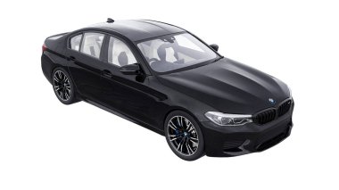 Tula, Rusya. 26 Şubat 2021: BMW M5 siyah lüks spor araba beyaz arka planda izole edildi. 3d oluşturma