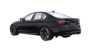 Tula, Rusya. 26 Şubat 2021: BMW M5 siyah lüks spor araba beyaz arka planda izole edildi. 3d oluşturma