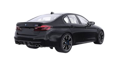 Tula, Rusya. 26 Şubat 2021: BMW M5 siyah lüks spor araba beyaz arka planda izole edildi. 3d oluşturma