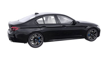Tula, Rusya. 26 Şubat 2021: BMW M5 siyah lüks spor araba beyaz arka planda izole edildi. 3d oluşturma