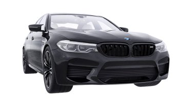 Tula, Rusya. 26 Şubat 2021: BMW M5 siyah lüks spor araba beyaz arka planda izole edildi. 3d oluşturma