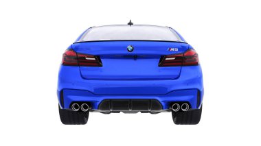 Tula, Rusya. 26 Şubat 2021: BMW M5 mavi lüks spor araba beyaz arka planda izole edildi. 3d oluşturma