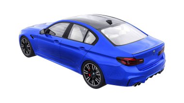 Tula, Rusya. 26 Şubat 2021: BMW M5 mavi lüks spor araba beyaz arka planda izole edildi. 3d oluşturma