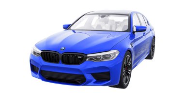Tula, Rusya. 26 Şubat 2021: BMW M5 mavi lüks spor araba beyaz arka planda izole edildi. 3d oluşturma