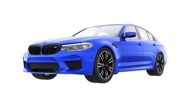 Tula, Rusya. 26 Şubat 2021: BMW M5 mavi lüks spor araba beyaz arka planda izole edildi. 3d oluşturma