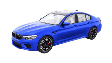 Tula, Rusya. 26 Şubat 2021: BMW M5 mavi lüks spor araba beyaz arka planda izole edildi. 3d oluşturma