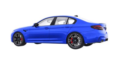 Tula, Rusya. 26 Şubat 2021: BMW M5 mavi lüks spor araba beyaz arka planda izole edildi. 3d oluşturma