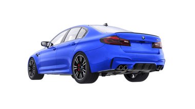 Tula, Rusya. 26 Şubat 2021: BMW M5 mavi lüks spor araba beyaz arka planda izole edildi. 3d oluşturma