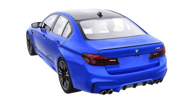 Tula, Rusya. 26 Şubat 2021: BMW M5 mavi lüks spor araba beyaz arka planda izole edildi. 3d oluşturma