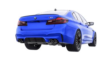 Tula, Rusya. 26 Şubat 2021: BMW M5 mavi lüks spor araba beyaz arka planda izole edildi. 3d oluşturma