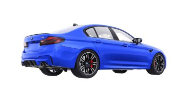 Tula, Rusya. 26 Şubat 2021: BMW M5 mavi lüks spor araba beyaz arka planda izole edildi. 3d oluşturma