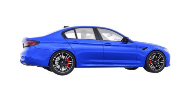 Tula, Rusya. 26 Şubat 2021: BMW M5 mavi lüks spor araba beyaz arka planda izole edildi. 3d oluşturma