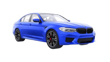 Tula, Rusya. 26 Şubat 2021: BMW M5 mavi lüks spor araba beyaz arka planda izole edildi. 3d oluşturma