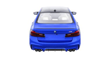 Tula, Rusya. 26 Şubat 2021: BMW M5 mavi lüks spor araba beyaz arka planda izole edildi. 3d oluşturma