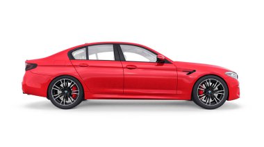 Tula, Rusya. 26 Şubat 2021: BMW M5 kırmızı lüks spor araba beyaz arka planda izole edildi. 3d oluşturma