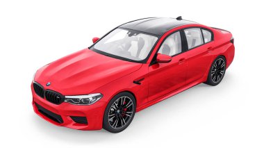 Tula, Rusya. 26 Şubat 2021: BMW M5 kırmızı lüks spor araba beyaz arka planda izole edildi. 3d oluşturma