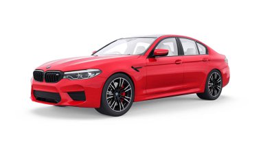 Tula, Rusya. 26 Şubat 2021: BMW M5 kırmızı lüks spor araba beyaz arka planda izole edildi. 3d oluşturma