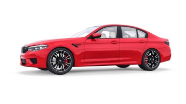 Tula, Rusya. 26 Şubat 2021: BMW M5 kırmızı lüks spor araba beyaz arka planda izole edildi. 3d oluşturma