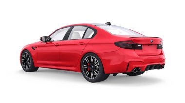 Tula, Rusya. 26 Şubat 2021: BMW M5 kırmızı lüks spor araba beyaz arka planda izole edildi. 3d oluşturma