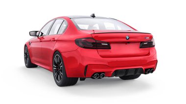 Tula, Rusya. 26 Şubat 2021: BMW M5 kırmızı lüks spor araba beyaz arka planda izole edildi. 3d oluşturma