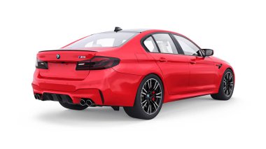 Tula, Rusya. 26 Şubat 2021: BMW M5 kırmızı lüks spor araba beyaz arka planda izole edildi. 3d oluşturma