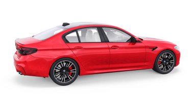 Tula, Rusya. 26 Şubat 2021: BMW M5 kırmızı lüks spor araba beyaz arka planda izole edildi. 3d oluşturma