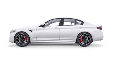 Tula, Rusya. 26 Şubat 2021: BMW M5 beyaz lüks spor araba beyaz arka planda izole edildi. 3d oluşturma