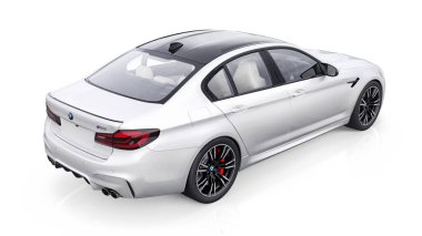 Tula, Rusya. 26 Şubat 2021: BMW M5 beyaz lüks spor araba beyaz arka planda izole edildi. 3d oluşturma