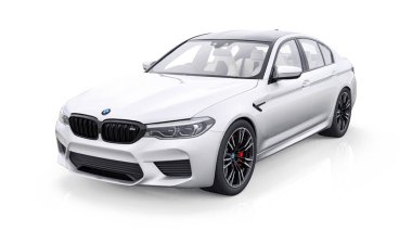 Tula, Rusya. 26 Şubat 2021: BMW M5 beyaz lüks spor araba beyaz arka planda izole edildi. 3d oluşturma
