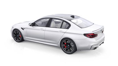 Tula, Rusya. 26 Şubat 2021: BMW M5 beyaz lüks spor araba beyaz arka planda izole edildi. 3d oluşturma