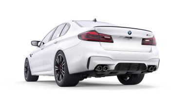 Tula, Rusya. 26 Şubat 2021: BMW M5 beyaz lüks spor araba beyaz arka planda izole edildi. 3d oluşturma