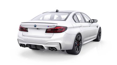 Tula, Rusya. 26 Şubat 2021: BMW M5 beyaz lüks spor araba beyaz arka planda izole edildi. 3d oluşturma