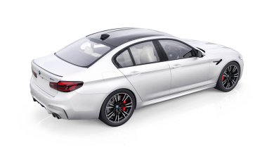 Tula, Rusya. 26 Şubat 2021: BMW M5 beyaz lüks spor araba beyaz arka planda izole edildi. 3d oluşturma