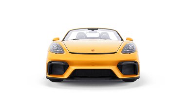 Tula, Russia. March 26, 2021: Porsche 718 Spider 2017 yellow sports car cabrio isolated on white background. 3d rendering, 3d illustration