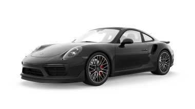 Tula, Rusya. 15 Mart 2021: Porsche 911 Turbo S 2016 siyah spor araba coupe beyaz arka planda izole edildi. 3d oluşturma