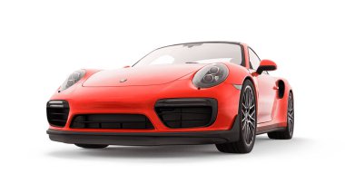 Tula, Rusya. 16 Mart 2021: Porsche 911 Turbo S 2016 kırmızı spor araba coupe beyaz arka planda izole edildi. 3d oluşturma