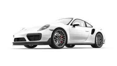 Tula, Rusya. 16 Mart 2021: Porsche 911 Turbo S 2016 beyaz spor araba coupe beyaz arka planda izole edildi. 3d oluşturma