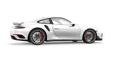 Tula, Rusya. 16 Mart 2021: Porsche 911 Turbo S 2016 beyaz spor araba coupe beyaz arka planda izole edildi. 3d oluşturma