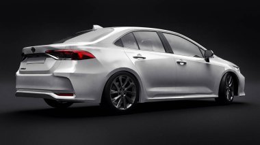 Tula, Rusya. 28 Şubat 2021: Toyota Corolla Sedan 2020 kompakt beyaz araba siyah arka planda izole edildi. 3d oluşturma