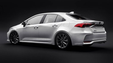 Tula, Rusya. 28 Şubat 2021: Toyota Corolla Sedan 2020 kompakt beyaz araba siyah arka planda izole edildi. 3d oluşturma