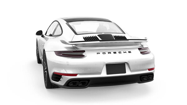 Tula, Russia. March 16, 2021: Porsche 911 Turbo S 2016 white sports car coupe isolated on white background. 3d rendering