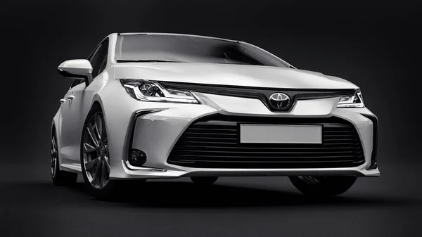 Tula, Rusya. 28 Şubat 2021: Toyota Corolla Sedan 2020 kompakt beyaz araba siyah arka planda izole edildi. 3d oluşturma