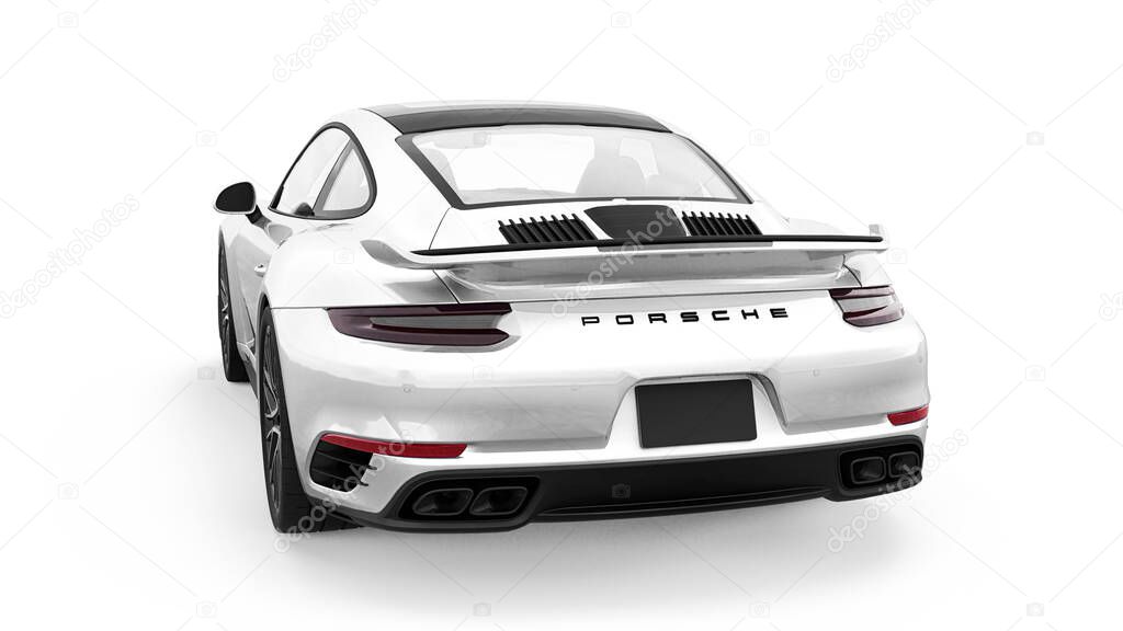 Tula, Russia. March 16, 2021: Porsche 911 Turbo S 2016 white sports car coupe isolated on white background. 3d rendering