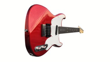Beyaz izole edilmiş arka planda kırmızı ve beyaz altı telli elektro gitar. 3d oluşturma