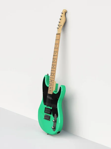 Guitarra Elétrica Verde Preta Seis Cordas Fundo Branco Encostada Parede — Fotografia de Stock