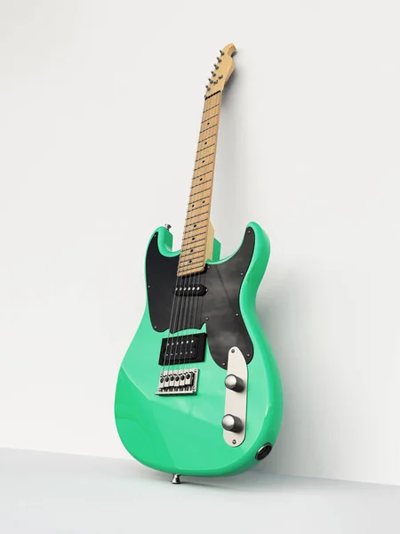 Chitarra Elettrica Sei Corde Verde Nera Sfondo Bianco Appoggiata Muro — Foto Stock